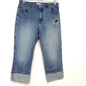 Chicos 1 Floral Embroidered Jeans Cuffed Medium/8 Blue Casual Travel‎ Western